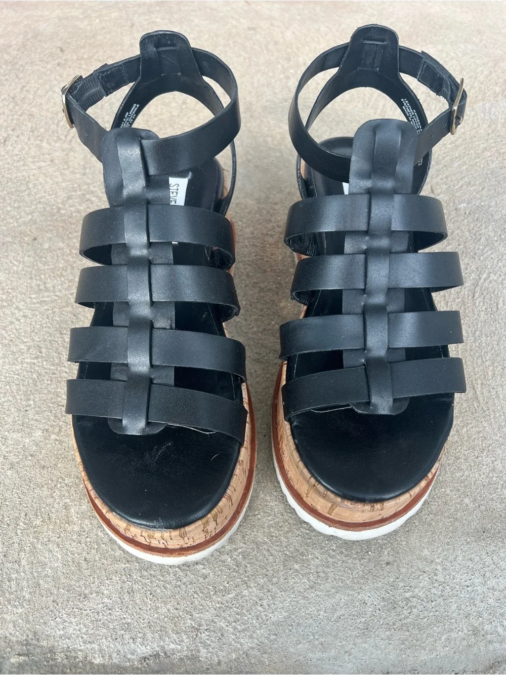 Steve Madden Black Leather Gladiator Cork Platform Sandals